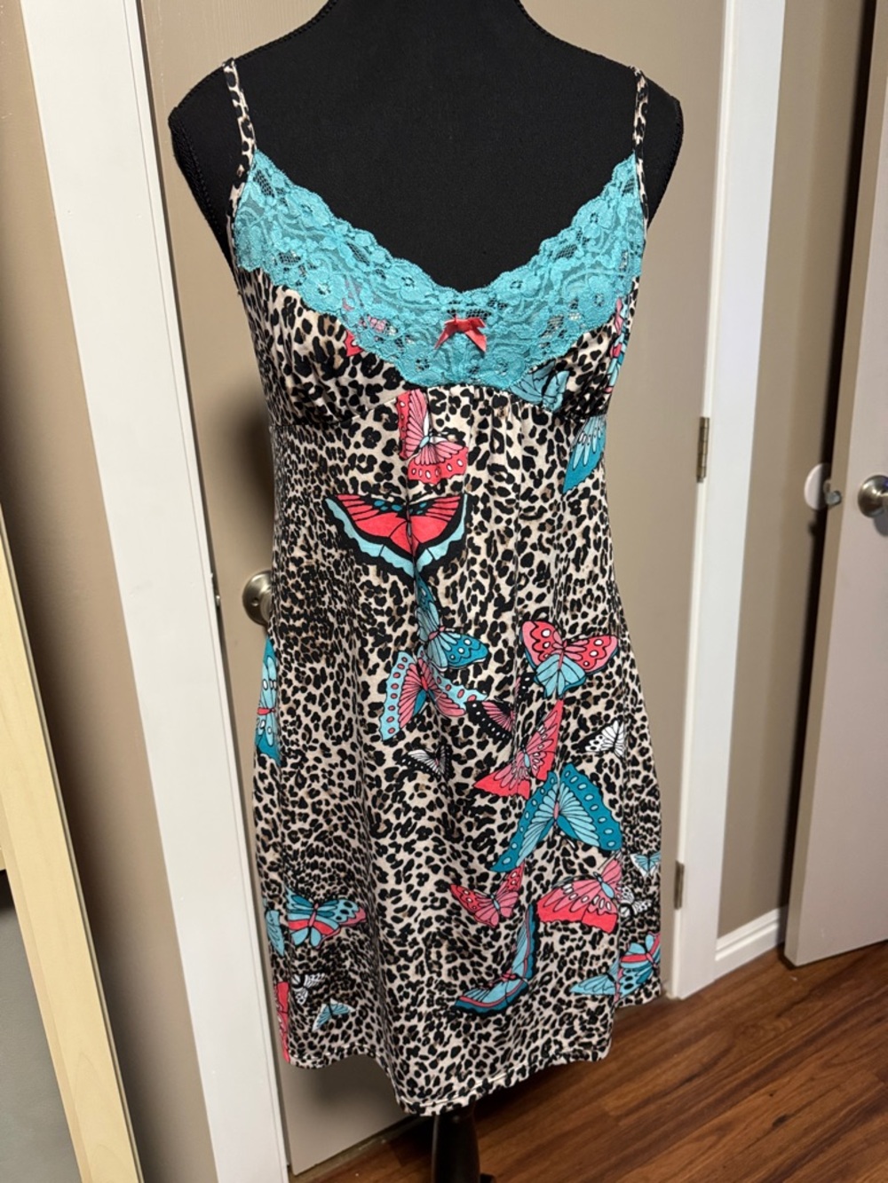 George Turquoise & Pink Butterfly Lace Leopard Slip Dress